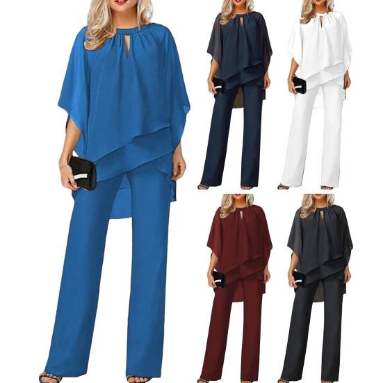 Женский комплект из 2 шт./компл. с вырезом на шее, нерегулярным топом с короткими рукавами и круглым вырезом, брюками, многослойным топом с подолом