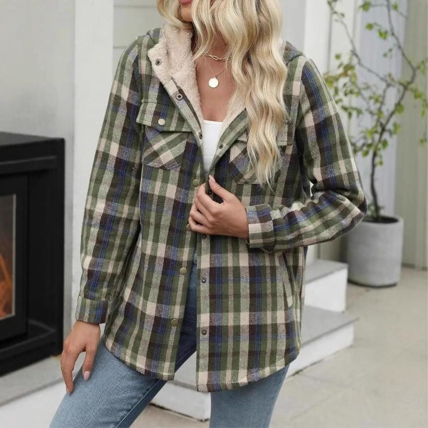 Women's Plaid Fashion Fleece Coats Winter Warm Hooded Fleece Jackets Casual Outwear Large Size Loose Comfortable Coat