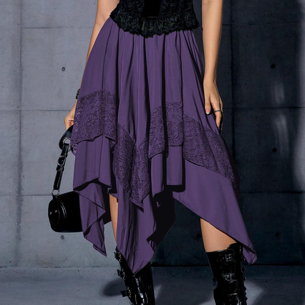 Women's Flowy Skirt Contrast Lace Layered Asymmetrical Midi Skirts
