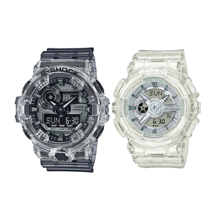 Casio G-Shock Summer Cool Прозрачная серия Ice Tough Часы с кварцевым механизмом Цвет мороженое розовый Унисекс Часы Черный GA-700SK-1A+BA-110CR-7A