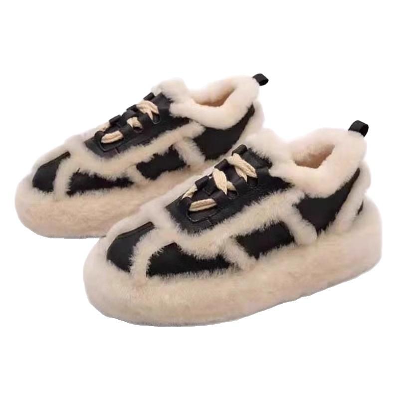 Корейская версия шерстяных туфель с отделкой из бороды, женские 2025 новые осенне-зимние туфли на платформе из бархатного хлопка, универсальные два способа носки, туфли-бобы из овечьей шерсти