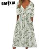Spring Print V-neck Button-up Short Sleeve Dress Women's Pocket Maxi Dress