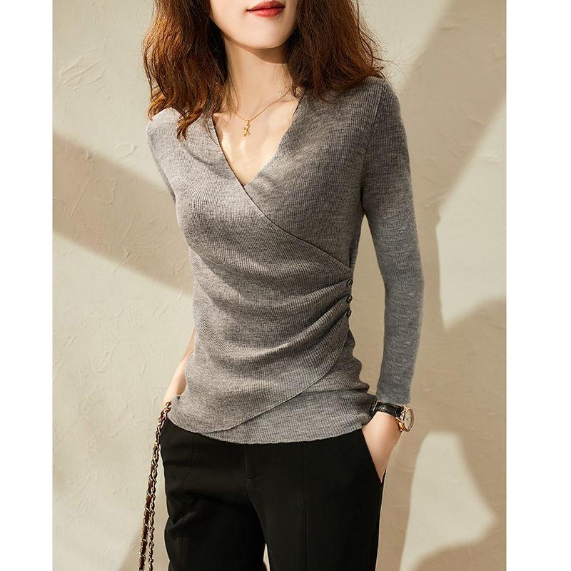 Autumn Winter Knitted Wrapped V-neck Long Sleeve Sweater Slim Fit Women Office Pleated Knitted Sweaters Casual Simple Basic Versatile Top