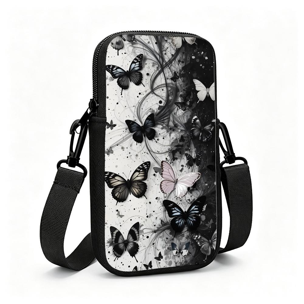 Monochrome Butterfly Print Crossbody Phone Bag, Aesthetic Black and White Floral Christmas Gift, Trendy Small Shoulder Pouch for Women Holiday Party D