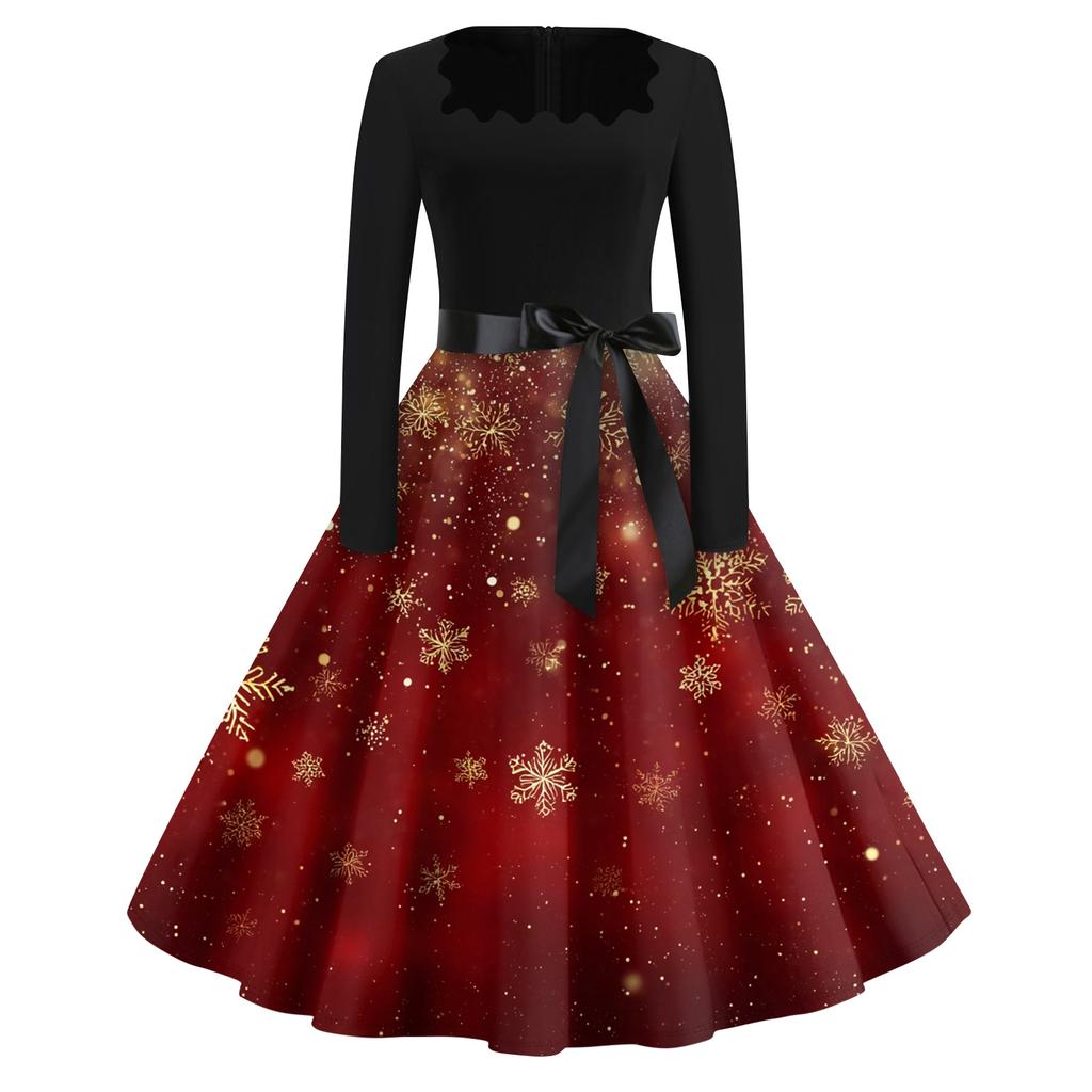 Christmas Print Flare Dress For Women Long Sleeve Dress Hollow Party Casual Square Collar Dresses