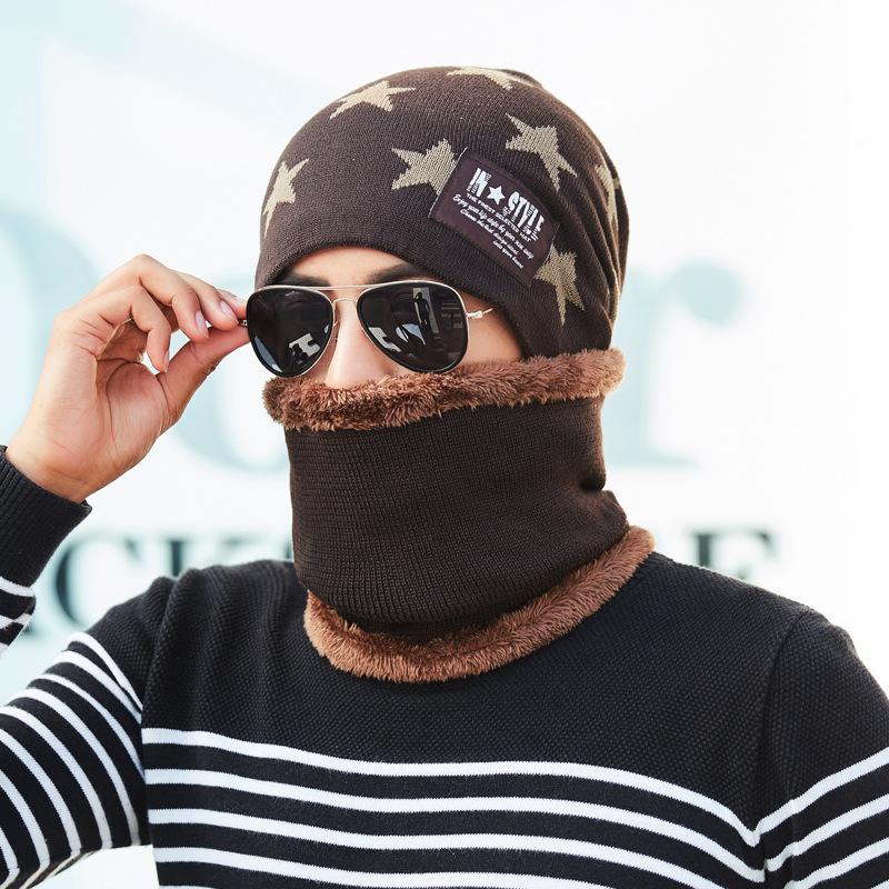 Men's Fleece Knitted Scarf Hat 2-piece Set Trendy Women's Warm Wool Hat Winter Student Cycling Cold