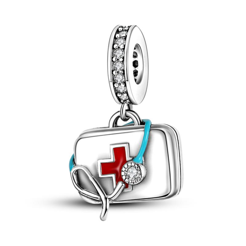 925 Silver Red Color Charms Bead Lipstick High Heels Heart Strawberry Dangle Fit Bangle Bracelet DIY Jewelry