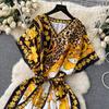 Summer Runway Baroque Leopard Dress Women Batwing Sleeve V Neck Golden Flower Print Bandage Lace Up Belt Loose Maxi Robe