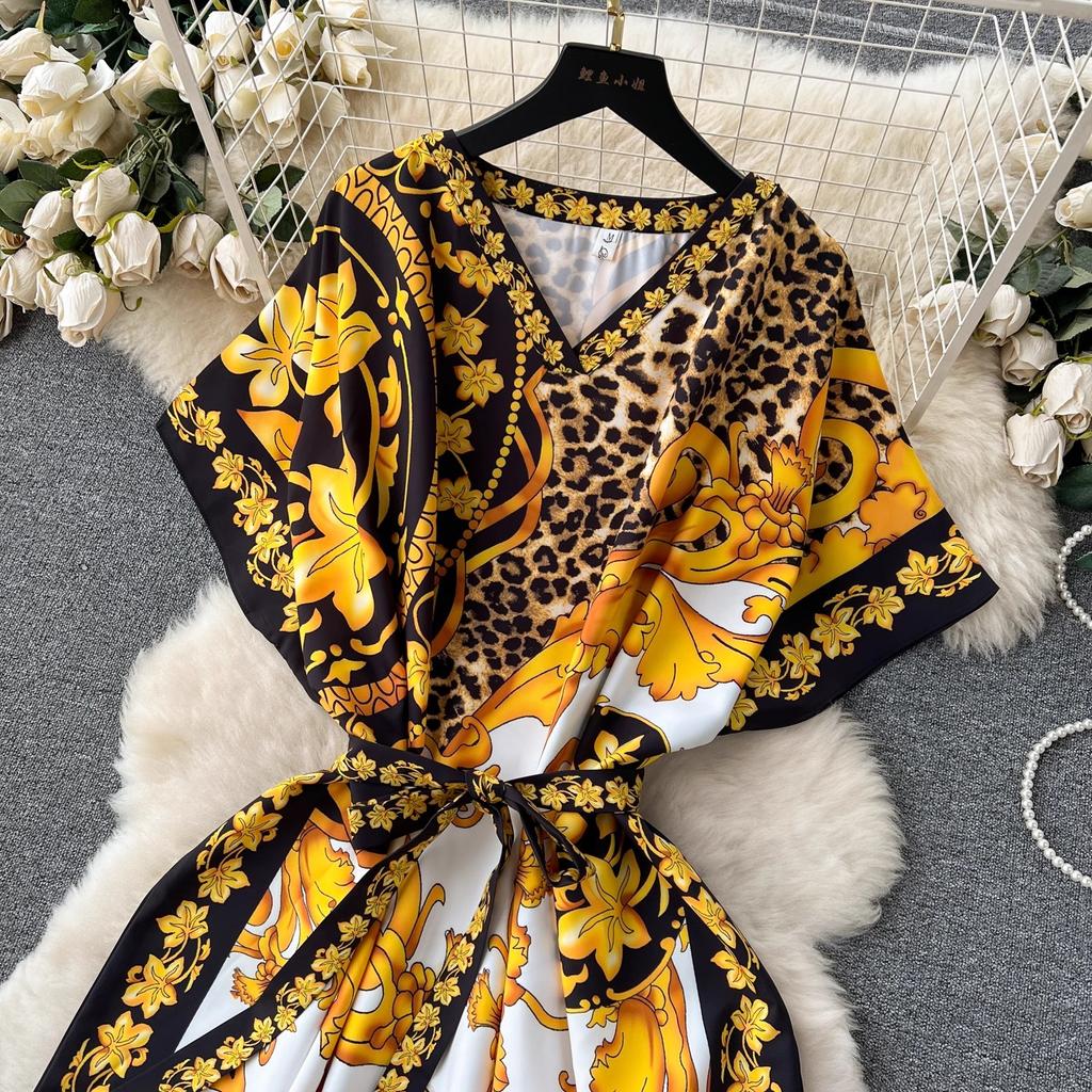 Summer Runway Baroque Leopard Dress Women Batwing Sleeve V Neck Golden Flower Print Bandage Lace Up Belt Loose Maxi Robe