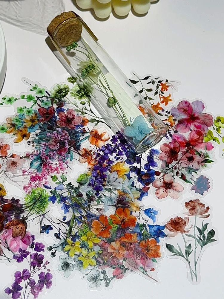 50pcs Flower Plant Stickers Hand Tent DIY Stick Labels Scrapbooking Material Journal Supplies Transparent Flower PET Sticker
