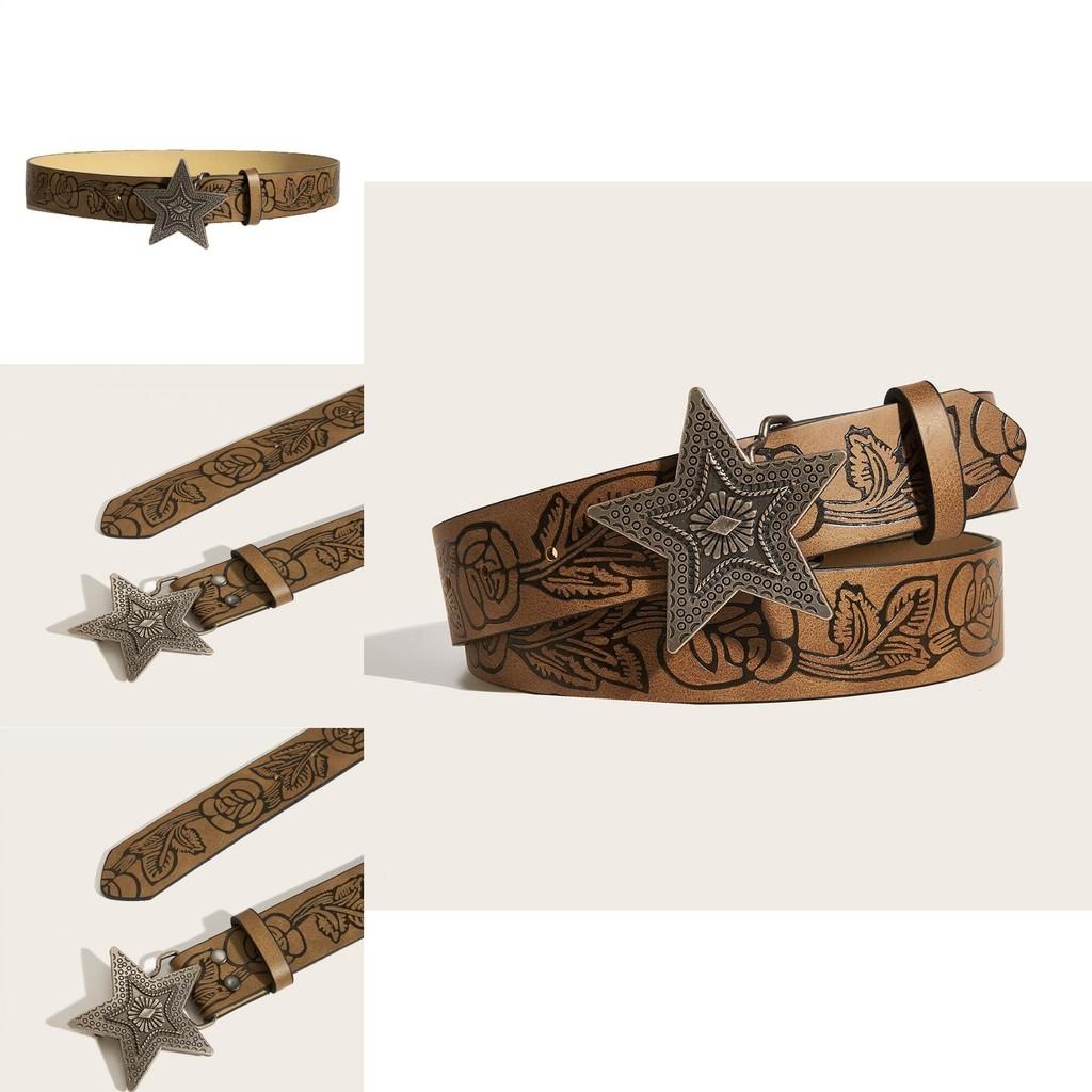 Womens Star Pattern Faux Leather Belt With Alloy Snap Buckle For Casual Wear