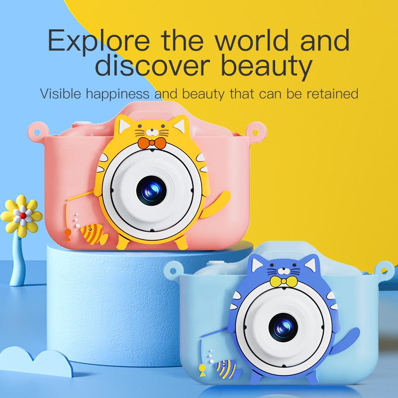 Детская мини-камера Мультяшный кот Игрушки для девочек и мальчиков Подарки на день рождения 1080P HD 2-дюймовый экран С силиконовым чехлом Запись жизни Камера