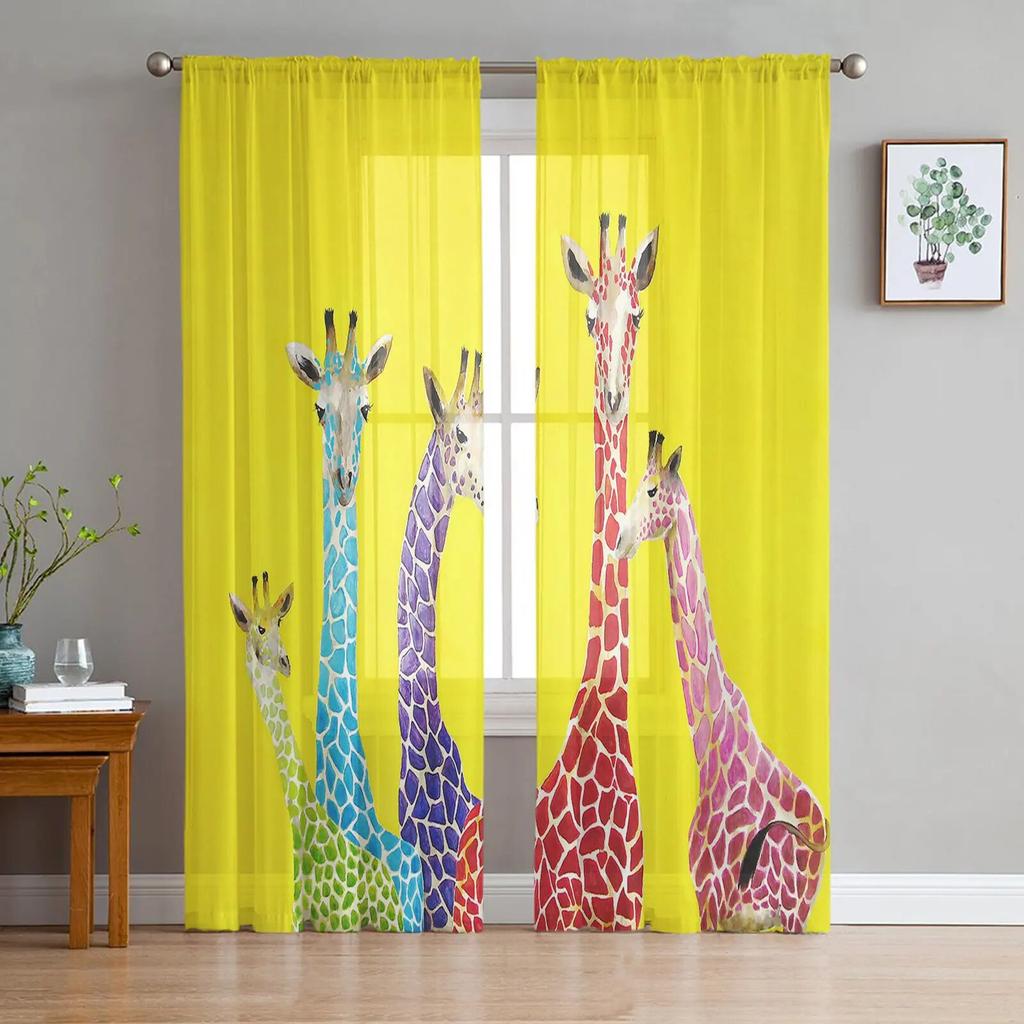 Giraffe Animal Oil Painting Tulle Curtains Balcony Room Fashion Printed Sheer Curtain Living Room Window Modern Decor