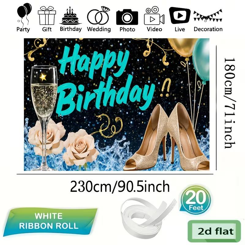 2D Black Teal Gold Happy Birthday Backdrop for Women, Birthday Party Background with High Heels & Champagne