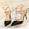 Women's Shoes Rivets Sandals Female Summer Thick with Fine with High-heeled Shoes Pointed Stiletto Sexy Nightclub Shoes