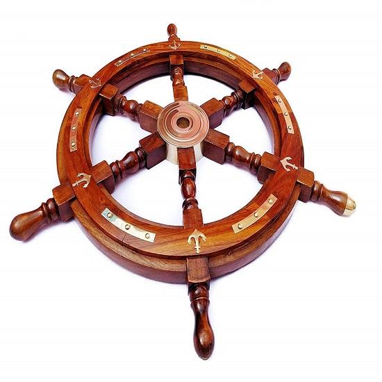 Wooden Ship Wheel Decorated With Surface Hanging Display (Brown 24 Inch) Sian