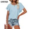 Women's Top Hollowed Out Belted Round Neck Lotus Leaf Sleeves Casual T-shirt Women