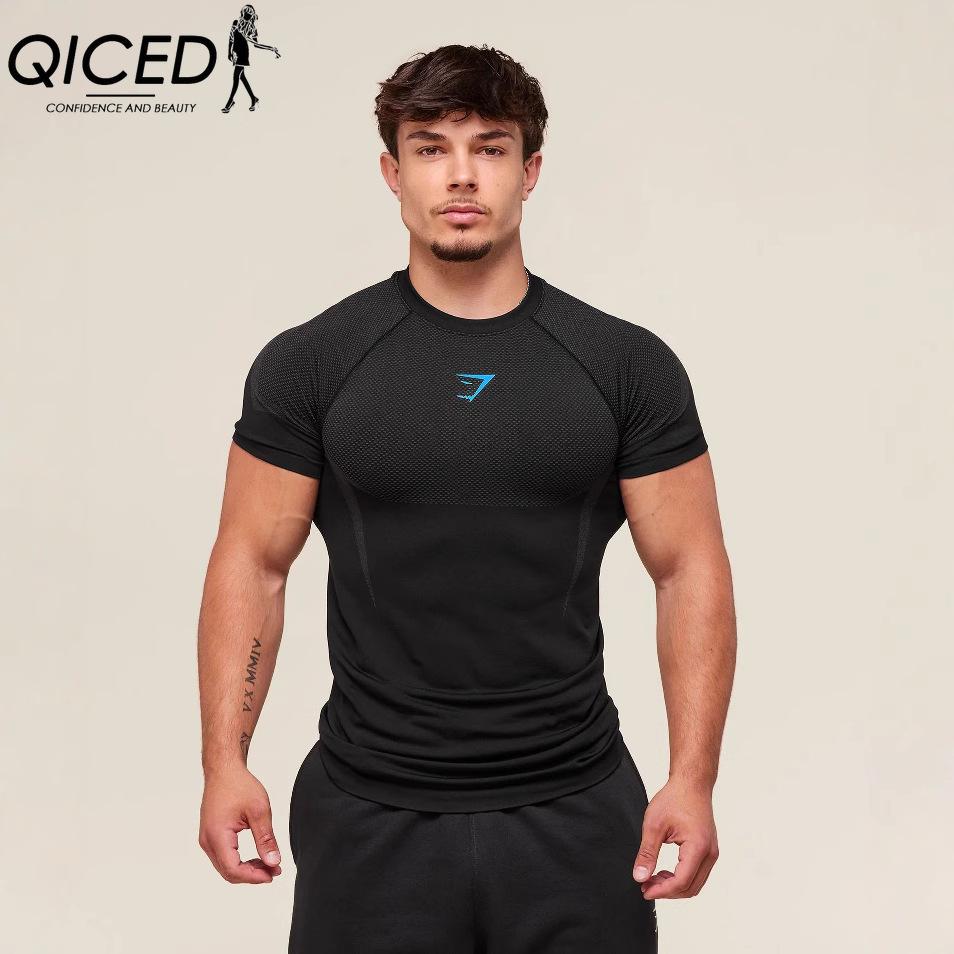 QICED Fitness Men's Running Quick-drying Breathable Tight-fitting Short-sleeved T-shirt Men's Muscle Shark