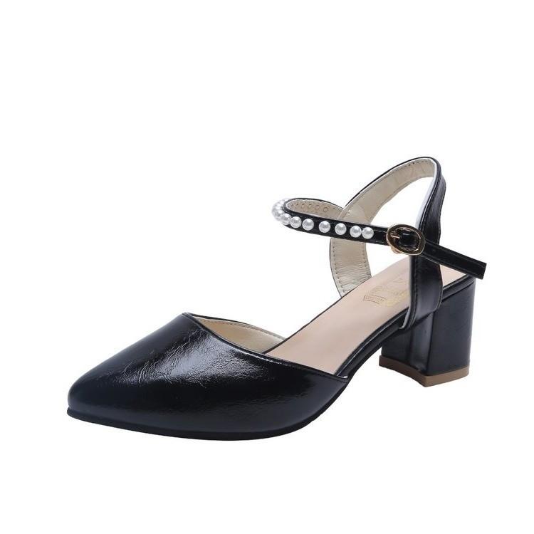 Большие размеры, женские, летние 2024 года, новые сандалии с острым носком, толстые, с жемчужным поясом, на высоком каблуке