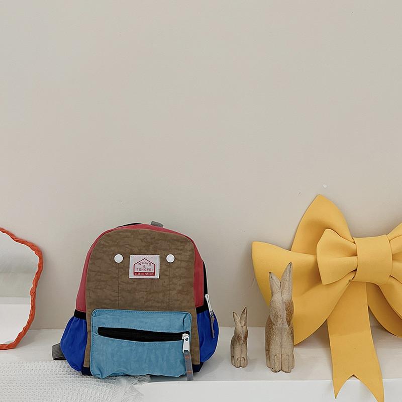 Canvas Blocked Color Backpack With Nylon Simple For Children Backpack Spine