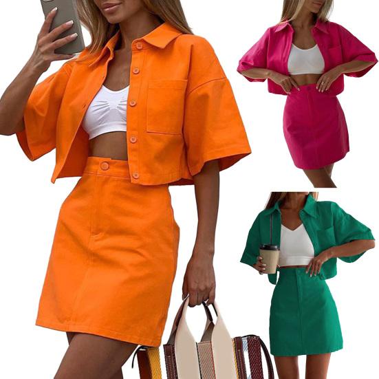 2 шт./комплект женский рубашка юбка комплект с лацканами короткий рукав пуговицы планка рубашка с высокой талией короткая юбка комплект однотонный наряд