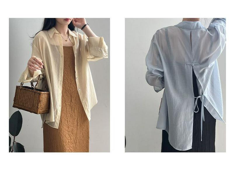 Women's Summer Loose Fit Tencel Shirt with Frog Buttons and Tie-Back, Turn-Down Collar, Sun Protection