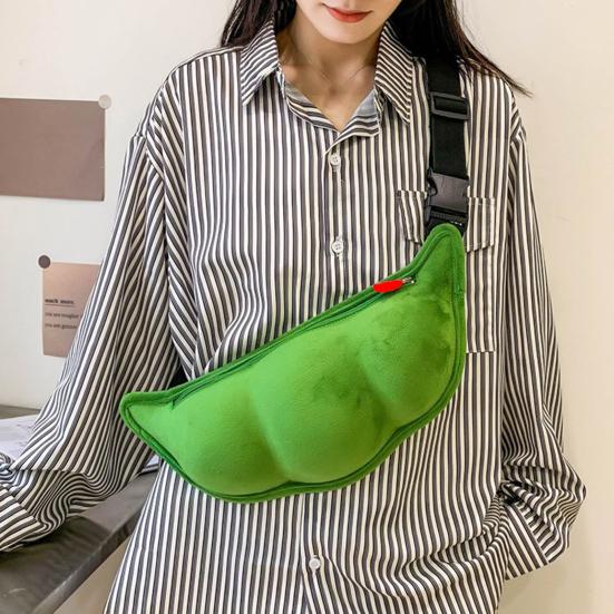 Сумка через плечо в форме зеленой сои, плюшевая сумка на молнии, нагрудная сумка с регулируемым ремнем для походов и активного отдыха на свежем воздухе