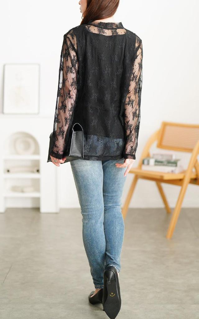 Gold Japan Plus Size Long Floral High Size Black Women's Top, Sleeve, Lace, Print, Tulle, Sheer, Neck, Stretchy, Winter, Spring, Fall, Cpdai-659594,