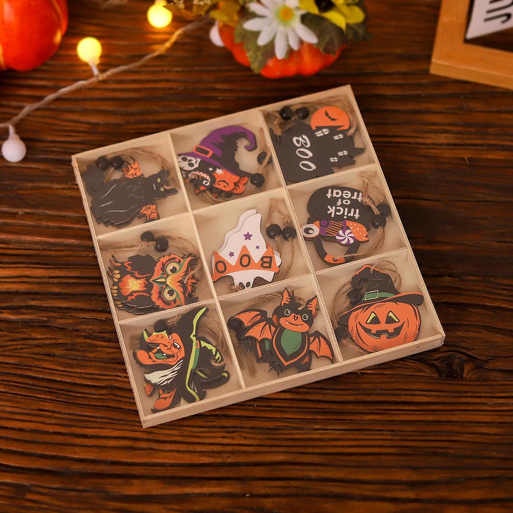 Hot Sale Halloween Wooden Hanging Ornament Set Ghost Pumpkin Witch Cutout Tags Holiday Wall Decoration