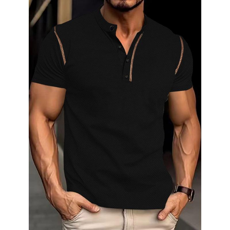 Men's Brown Textured Henley T-Shirt, Casual Short Sleeve Contrast Stitch Button Placket Top