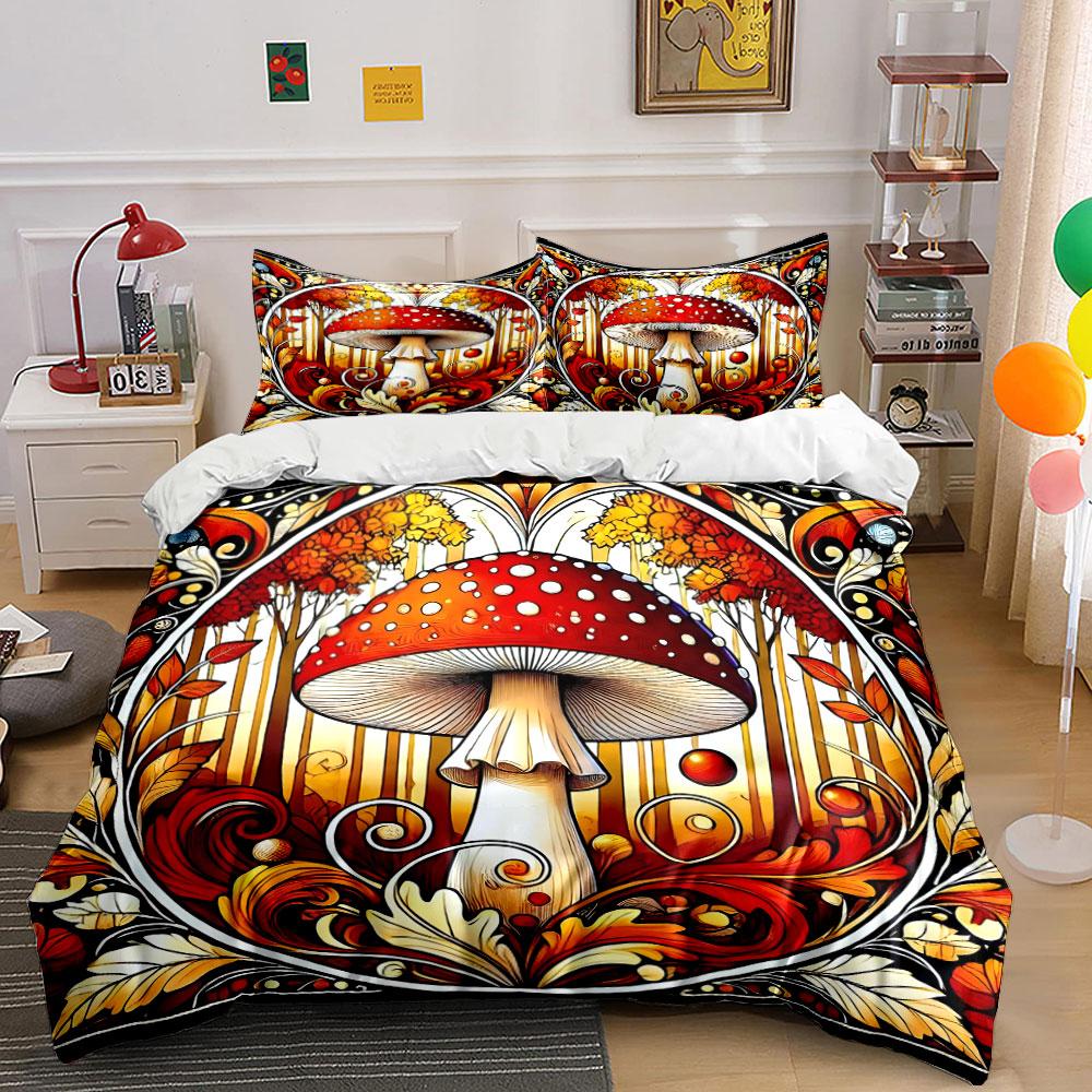 Vintage Fly Agaric Mushroom Bedding Set,Art Nouveau Autumn Forest Print Duvet Cover + 2 Pillowcases,Whimsical Retro Pattern