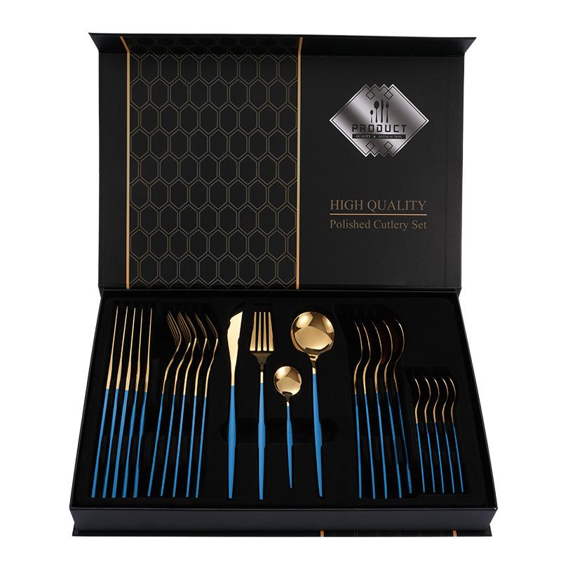 24Pcs Home Kitchen Tableware Stainless Steel Cutlery Set Dinnerware Forks Spoons Gold Plated Gift Box Set High Quality Polished Flatware Dinner Set