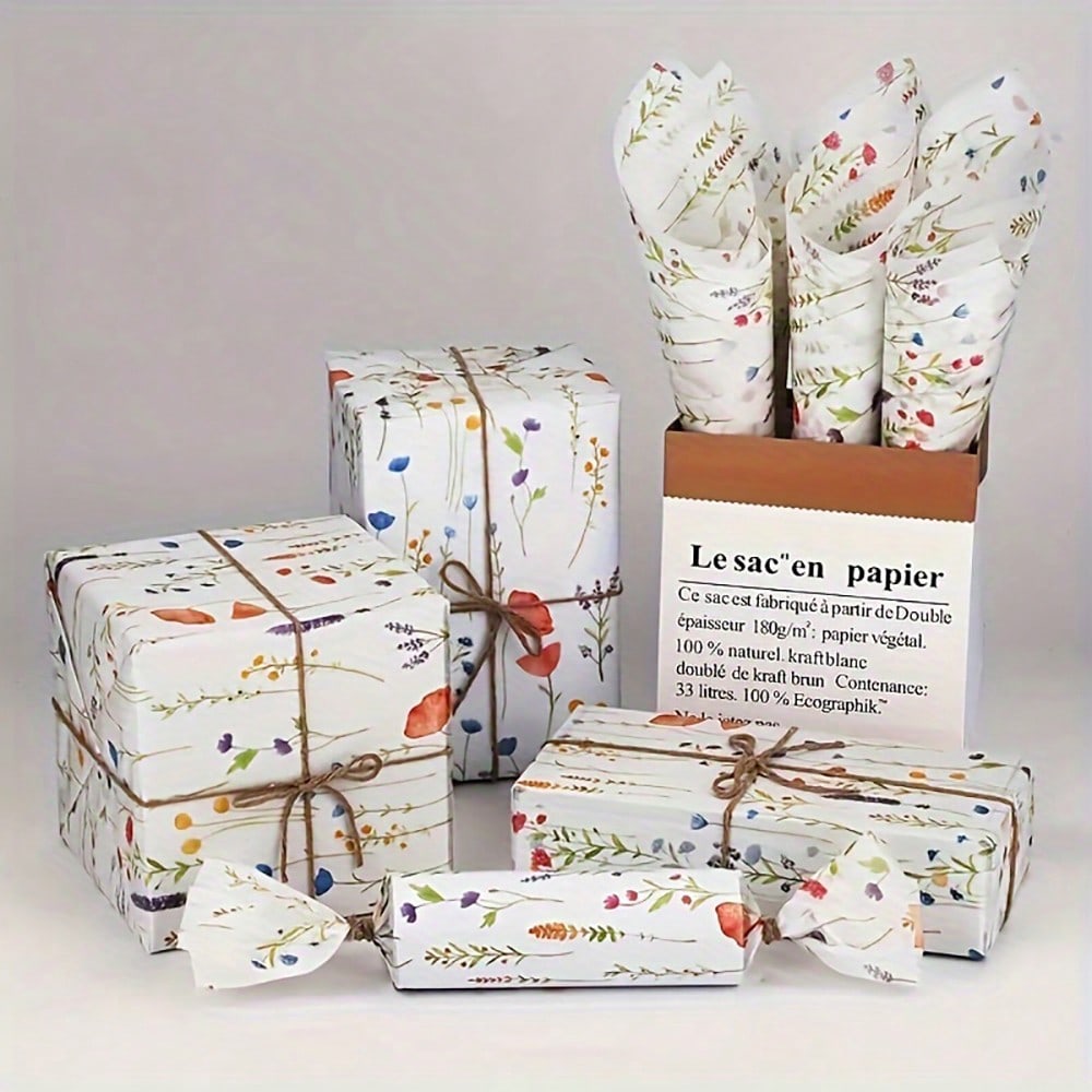 50sheets Lavender Wrapping Paper, Wildflower Printed Art Deco Tissue Paper For Wedding Gifts Engagement Packaging