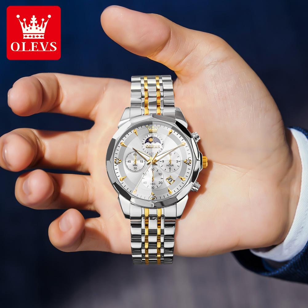 OLEVS 3673 Luxury Watch Stainless Steel Multi Functional Waterproof Chronograph Luminous Quartz Watch for Man