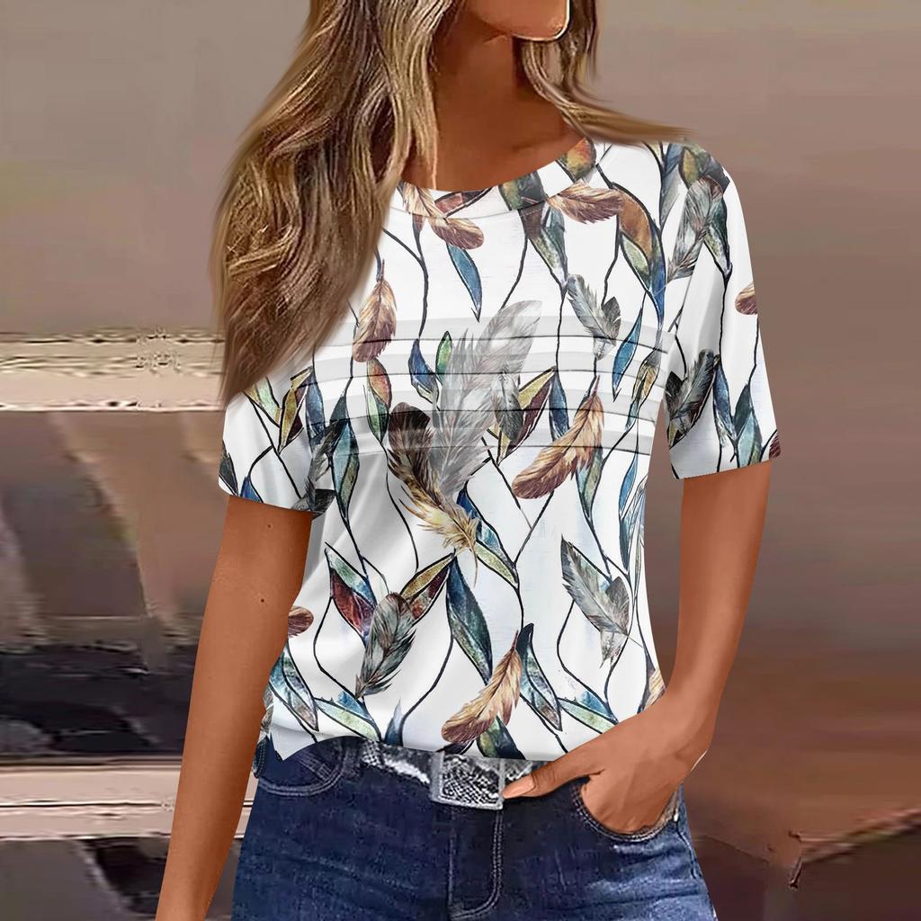 Футболки для женщин, плиссированные, с круглым вырезом, нарядные, повседневные, блузки с принтом, с коротким рукавом, летние топы, свободный крой