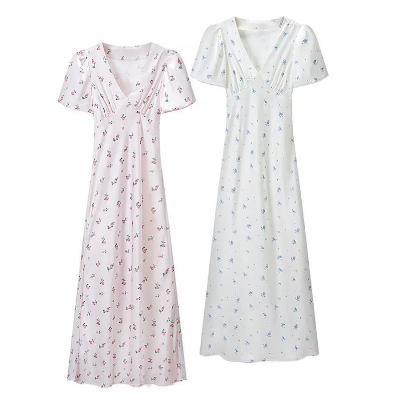 Elegant Satin Floral Midi Dress V-Neck Short Sleeve Slim Fit High Waist Party Women