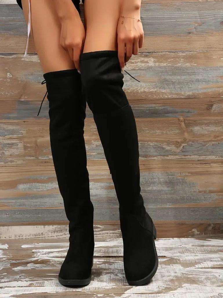 Модные модные тонкие сапоги выше колена женские осенне-зимние короткие плюшевые длинные сапоги женские черные флоковые низкие каблуки высокие сапоги большого размера