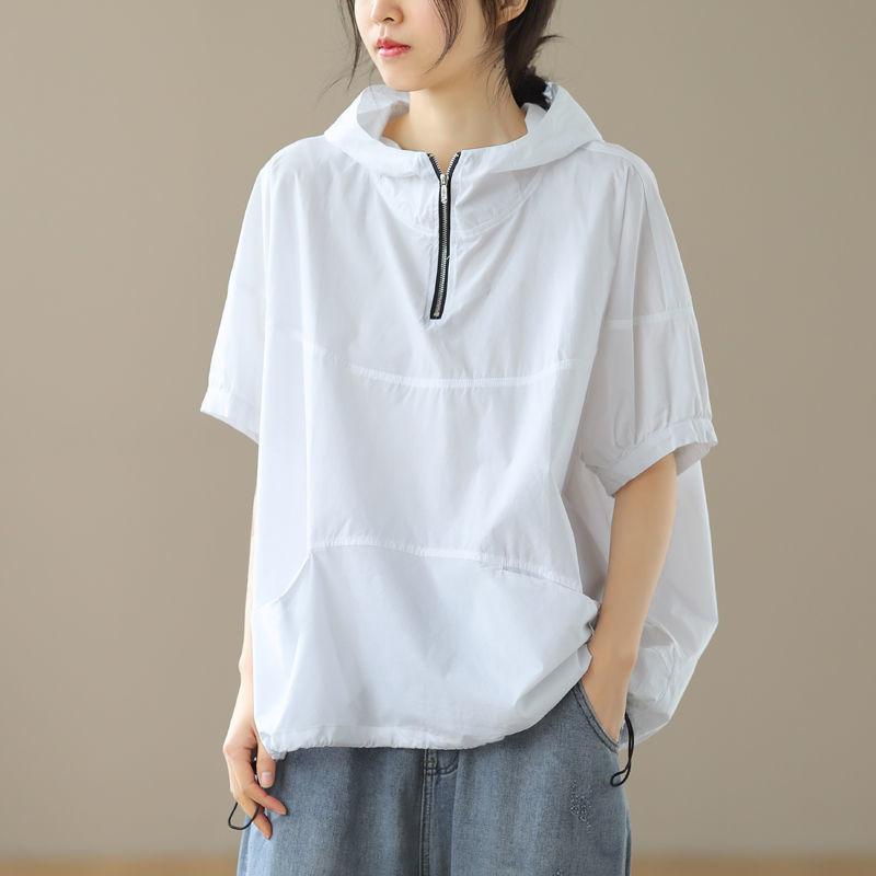 Футболка с капюшоном женская летняя художественная большого размера свободная повседневная футболка с короткими рукавами на молнии модные солнцезащитные топы