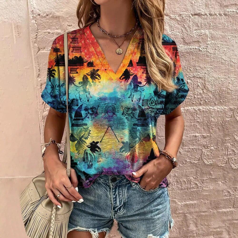 Женская футболка с v-образным вырезом, топы с 3d принтом тай-дай, футболки 5XL, летняя модная женская одежда, повседневный уличный женский пуловер большого размера