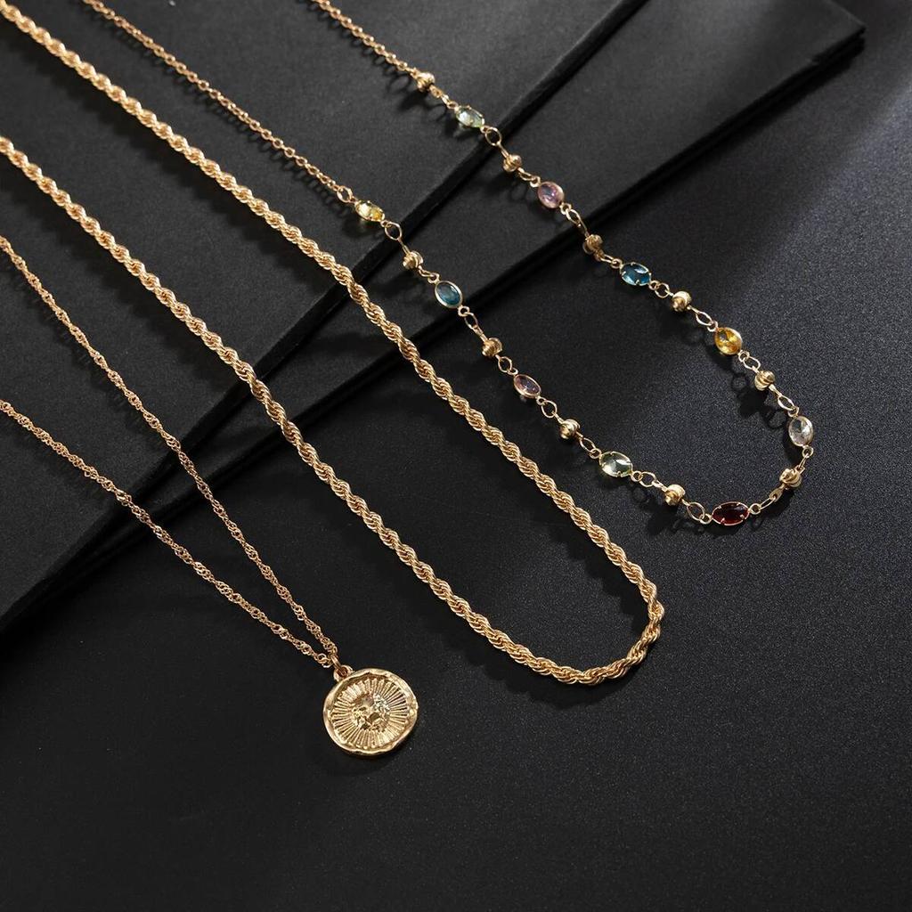 SHIXIN Exquisite 3Pcs/set Trendy Crystal Choker Coin Pendant Necklace Men Punk Charms Gold Color Twist Clavicle Chains Jewelry