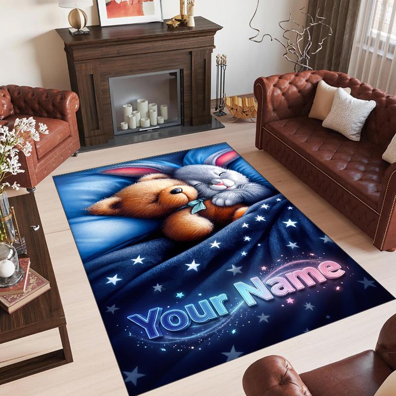 Teddy Bear Theme Crystal Velvet Rug Personalized Custom Name Text Soft Floor Mat Home Decor