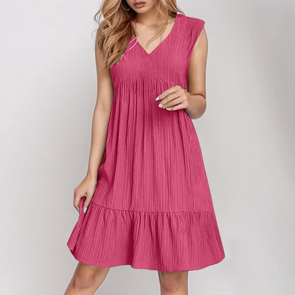 Ladies' Casual And Fashionable Solid Color Dress, Loose Sleeveless Waist Cinched Dress