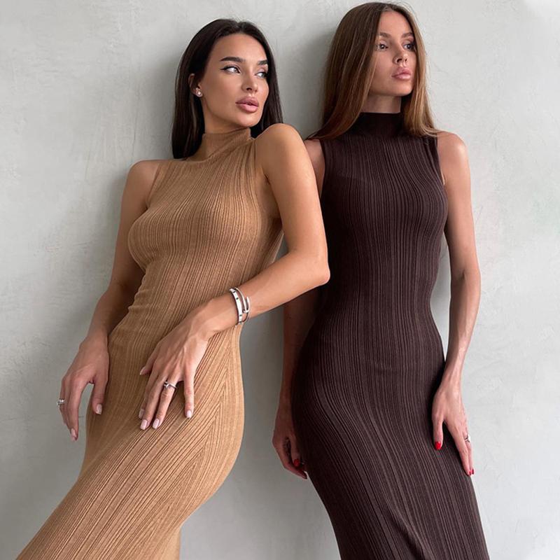 Knit Elegant Evening Dress Women High Waist Slim Sleeveless Bodycon Maxi Tank Dress Femme France Party High Collar Solid Knitted Dresses Woman