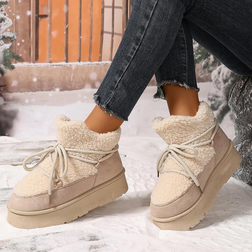 Fashion Women's Chunky Fluffy Fur Lace Up Winter Boots New Faux Shearling Warm Comfort Ankle Boots Anti-slip Platform Snow Booties