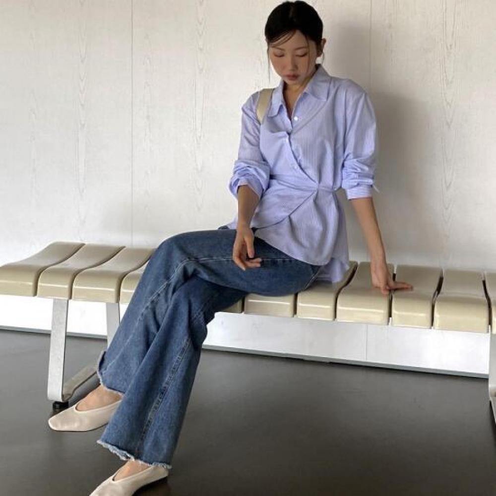 New Arrivals Open Run Women Stripe Wrap Loose Long Shirt