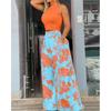 Sleeveless Printed Wide-Leg Pantsuit Sleeveless Short Top Print Loose Pants Suit
