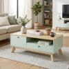 Living Room Coffee Table, Rectangular Side Table with Drawer, Door and Open Compartment, Light Green and Oak
