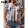 Женская мода Повседневный досуг Летний полосатый принт Короткий рукав V-образный вырез Блузки и рубашки