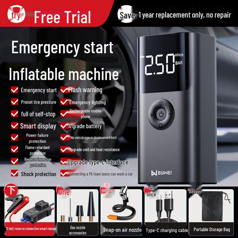 Car Emergency Power Supply & Tire Inflator with Built-in Backup Battery & Jumper Cables
