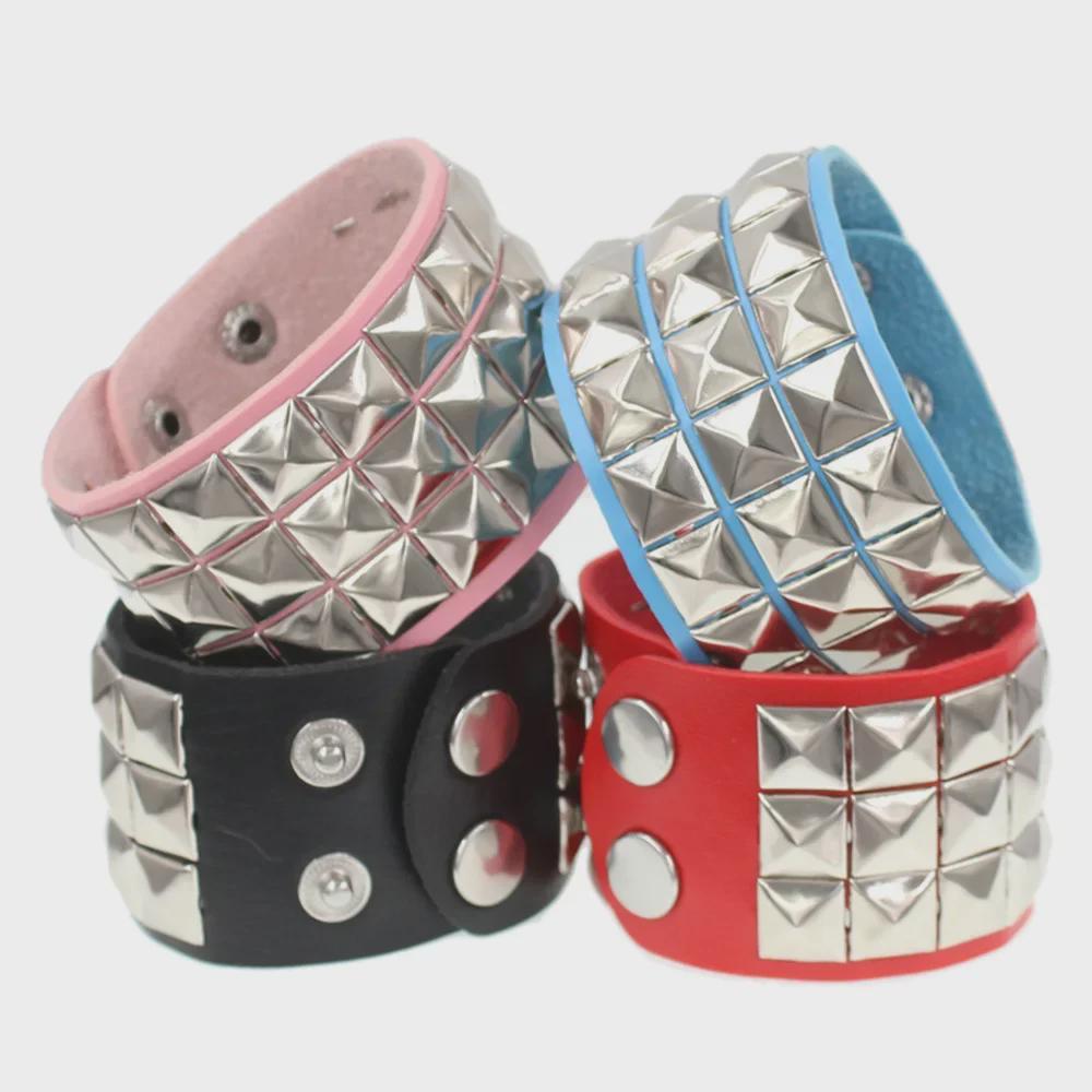 Европейский и американский панк-браслет из кожи с квадратными заклепками и тремя рядами